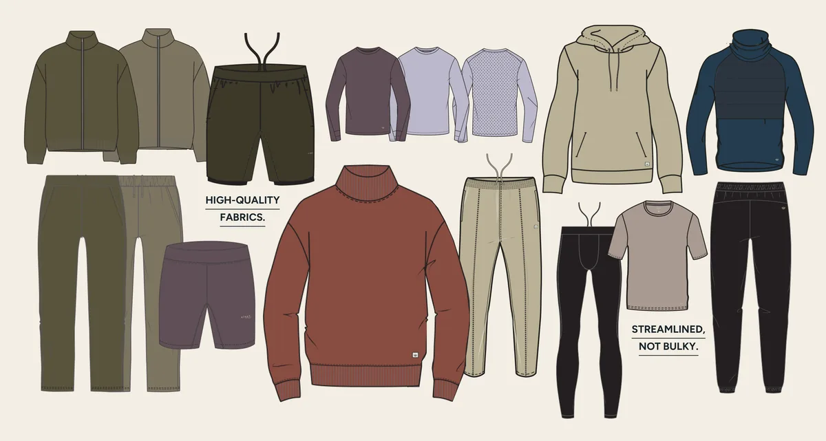 Illustrations of the men's range: jackets, joggers, shorts, long-sleeve tops, a hoodie, a rust knit and training tights in olive, taupe and rust